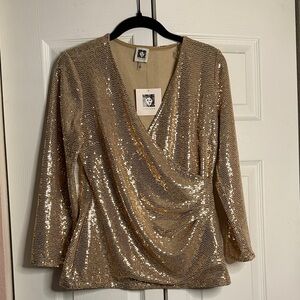 Anne Klein Sequin Wrap Top in Gold size S